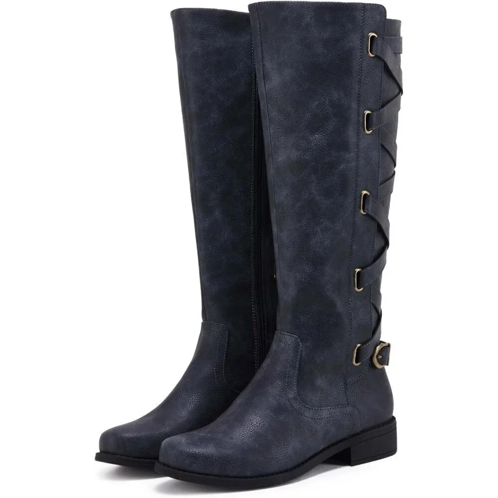 🆕Womens Faux Leather Navy Strappy Motorcycle Knee High Riding Flat Lace Up Boot
